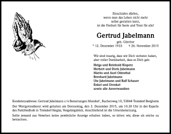 Anzeige von Gertrud Jabelmann von Kölner Stadt-Anzeiger / Kölnische Rundschau / Express