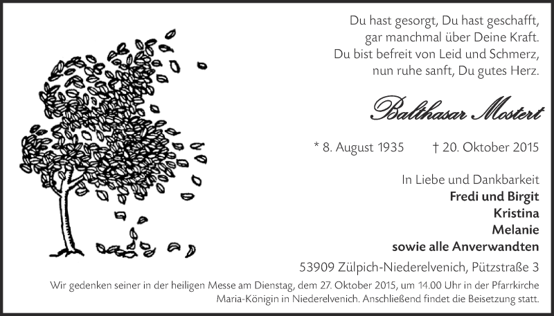  Traueranzeige für Balthasar Mostert vom 25.10.2015 aus  Blickpunkt Euskirchen 