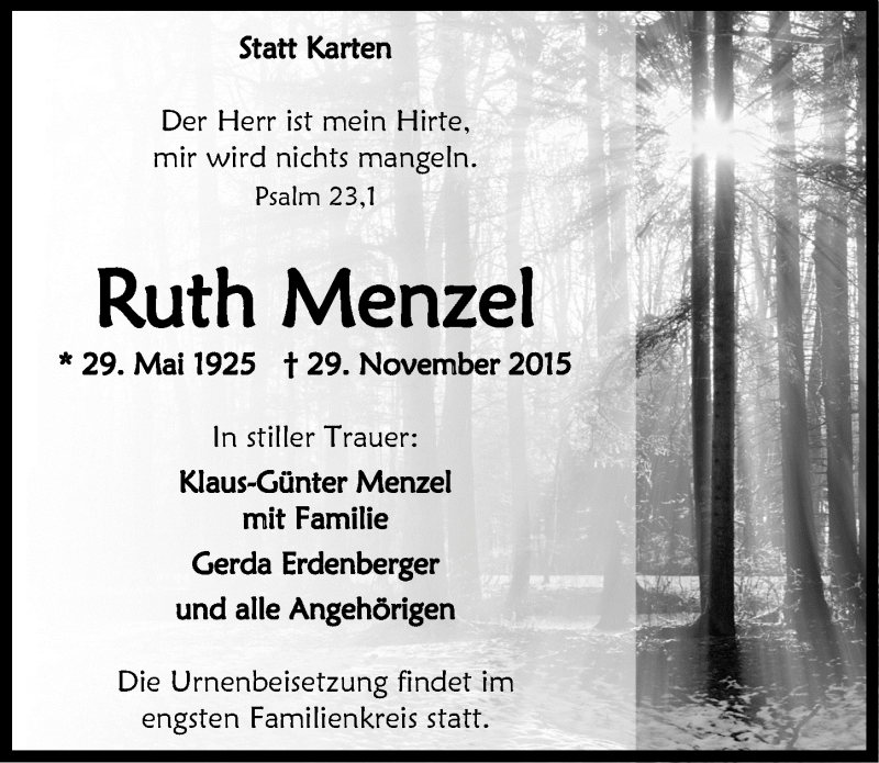  Traueranzeige für Ruth Menzel vom 09.12.2015 aus  Anzeigen Echo 
