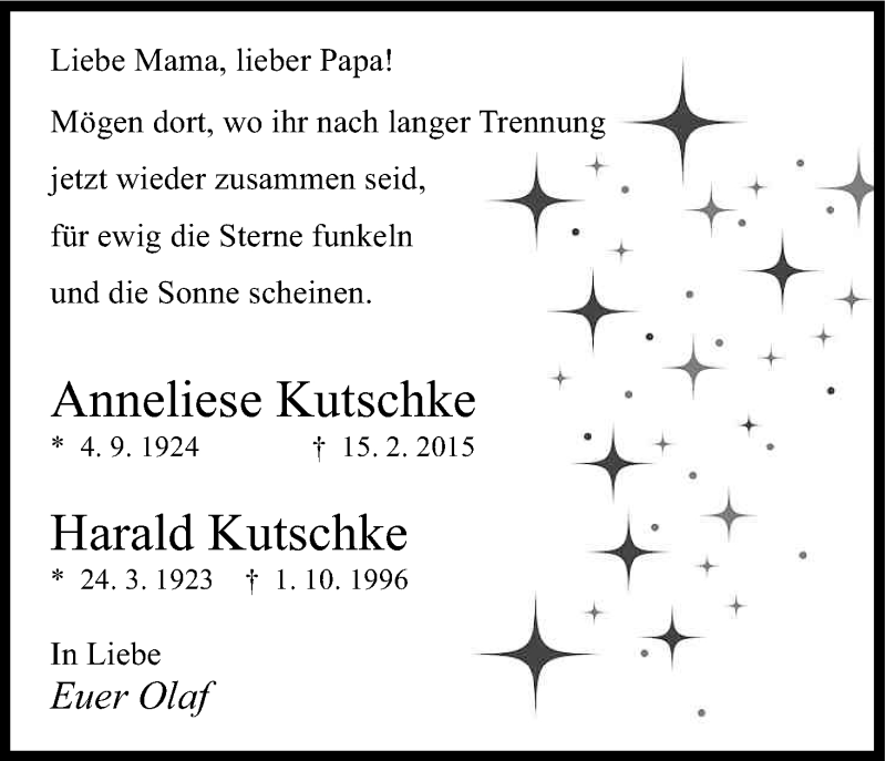  Traueranzeige für Anneliese und Harald Kutschke vom 28.02.2015 aus Kölner Stadt-Anzeiger / Kölnische Rundschau / Express