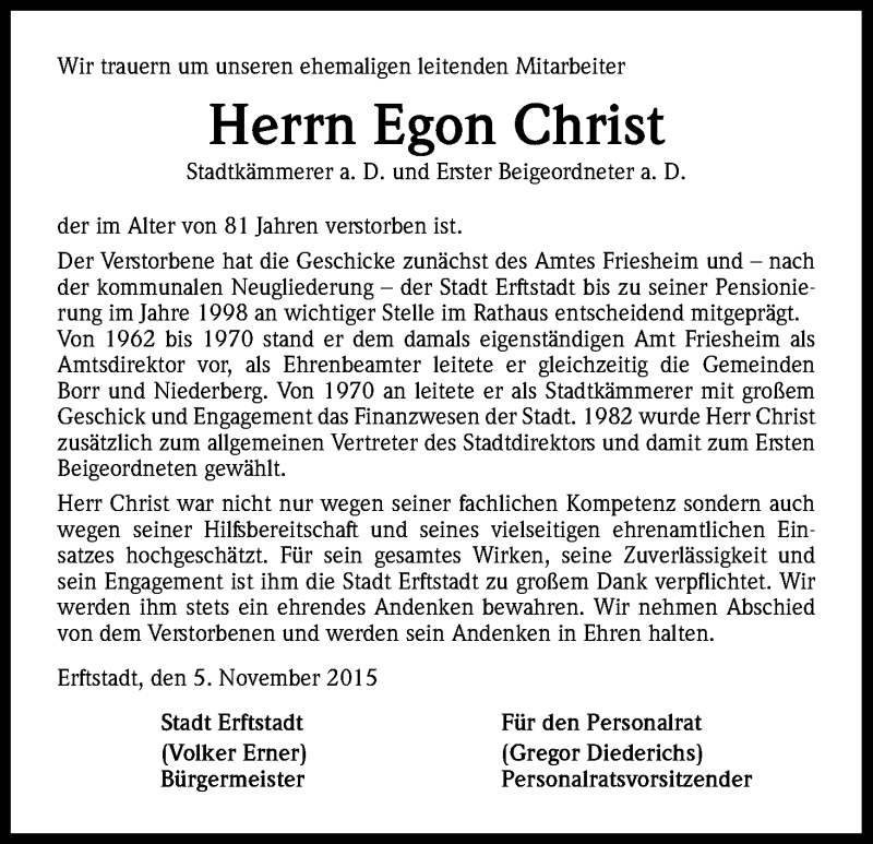  Traueranzeige für Egon Christ vom 07.11.2015 aus Kölner Stadt-Anzeiger / Kölnische Rundschau / Express