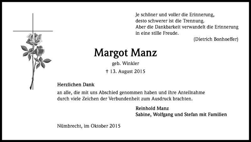  Traueranzeige für Margot Manz vom 10.10.2015 aus Kölner Stadt-Anzeiger / Kölnische Rundschau / Express