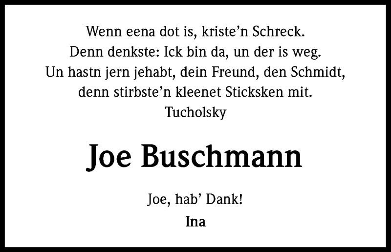  Traueranzeige für Joe Buschmann vom 17.10.2015 aus Kölner Stadt-Anzeiger / Kölnische Rundschau / Express
