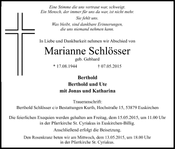 Anzeige von Marianne Schlösser von Kölner Stadt-Anzeiger / Kölnische Rundschau / Express