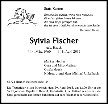 Anzeige von Sylvia Fischer von Kölner Stadt-Anzeiger / Kölnische Rundschau / Express