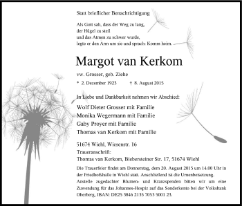 Anzeige von Margot van Kerkom von Kölner Stadt-Anzeiger / Kölnische Rundschau / Express