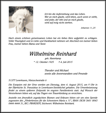 Anzeige von Wilhelmine Reinhard von Kölner Stadt-Anzeiger / Kölnische Rundschau / Express