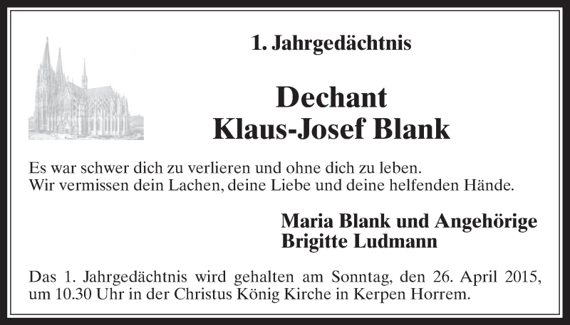  Traueranzeige für Klaus-Josef Blank vom 15.04.2015 aus  Werbepost 