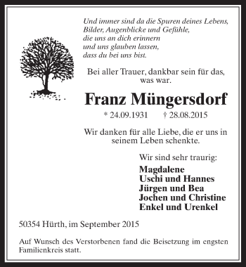 Anzeige von Franz Müngersdorf von  Wochenende 