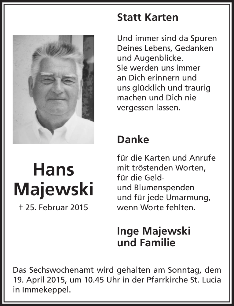  Traueranzeige für Hans Majewski vom 15.04.2015 aus  Bergisches Handelsblatt 