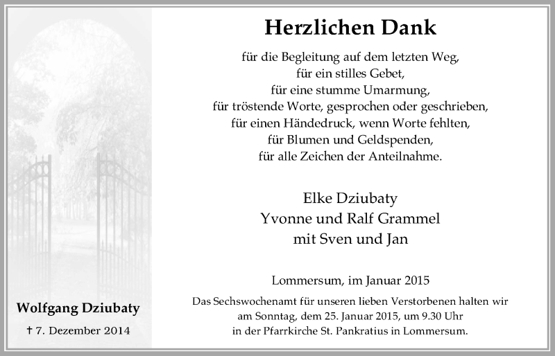  Traueranzeige für Wolfgang Dziubaty vom 18.01.2015 aus  Blickpunkt Euskirchen 
