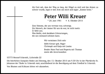 Anzeige von Peter Willi Kreuer von Kölner Stadt-Anzeiger / Kölnische Rundschau / Express