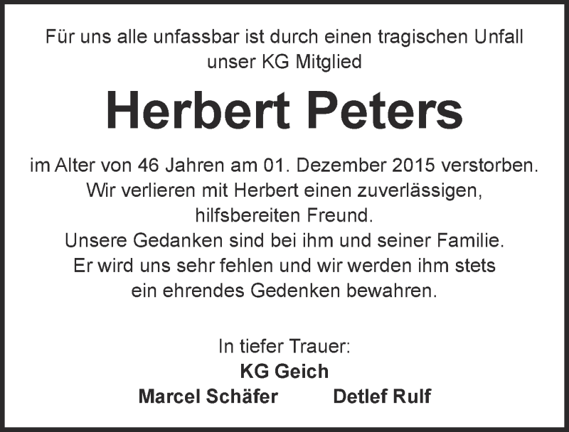  Traueranzeige für Herbert Peters vom 13.12.2015 aus  Blickpunkt Euskirchen 