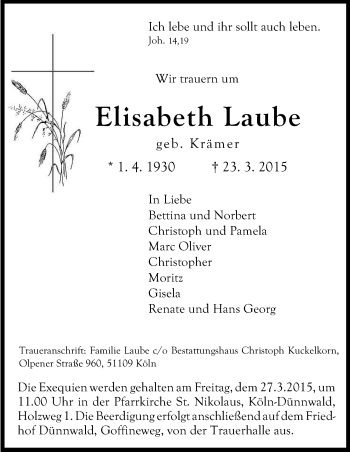 Anzeige von Elisabeth Laube von Kölner Stadt-Anzeiger / Kölnische Rundschau / Express