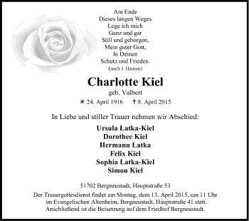 Anzeige von Charlotte Kiel von Kölner Stadt-Anzeiger / Kölnische Rundschau / Express