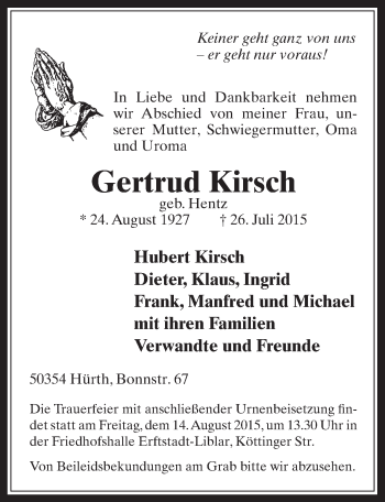 Anzeige von Gertrud Kirsch von  Werbepost 