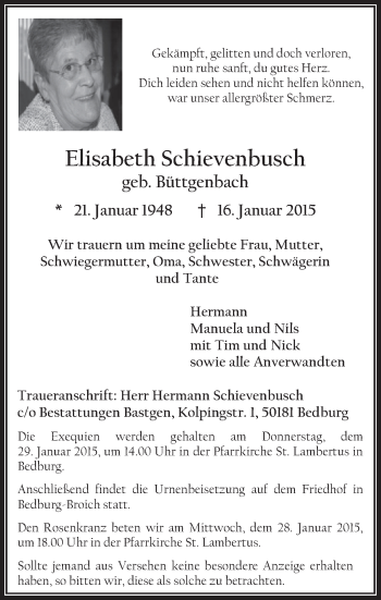 Anzeige von Elisabeth Schievenbusch von  Sonntags-Post 