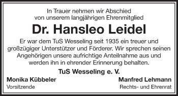 Anzeige von Hansleo Leidel von  Schlossbote/Werbekurier 