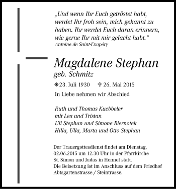 Anzeige von Magdalene Stephan von Kölner Stadt-Anzeiger / Kölnische Rundschau / Express