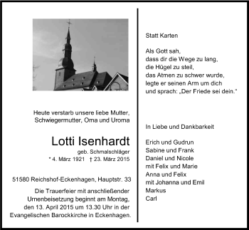 Anzeige von Lotti Isenhardt von Kölner Stadt-Anzeiger / Kölnische Rundschau / Express