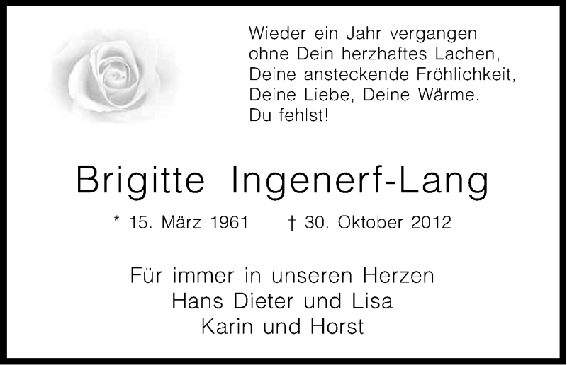  Traueranzeige für Brigitte Ingenerf-Lang vom 30.10.2015 aus Kölner Stadt-Anzeiger / Kölnische Rundschau / Express