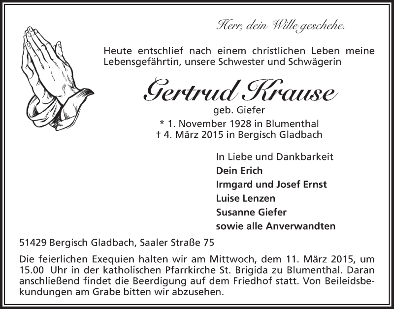  Traueranzeige für Gertrud Krause vom 11.03.2015 aus  Bergisches Handelsblatt 