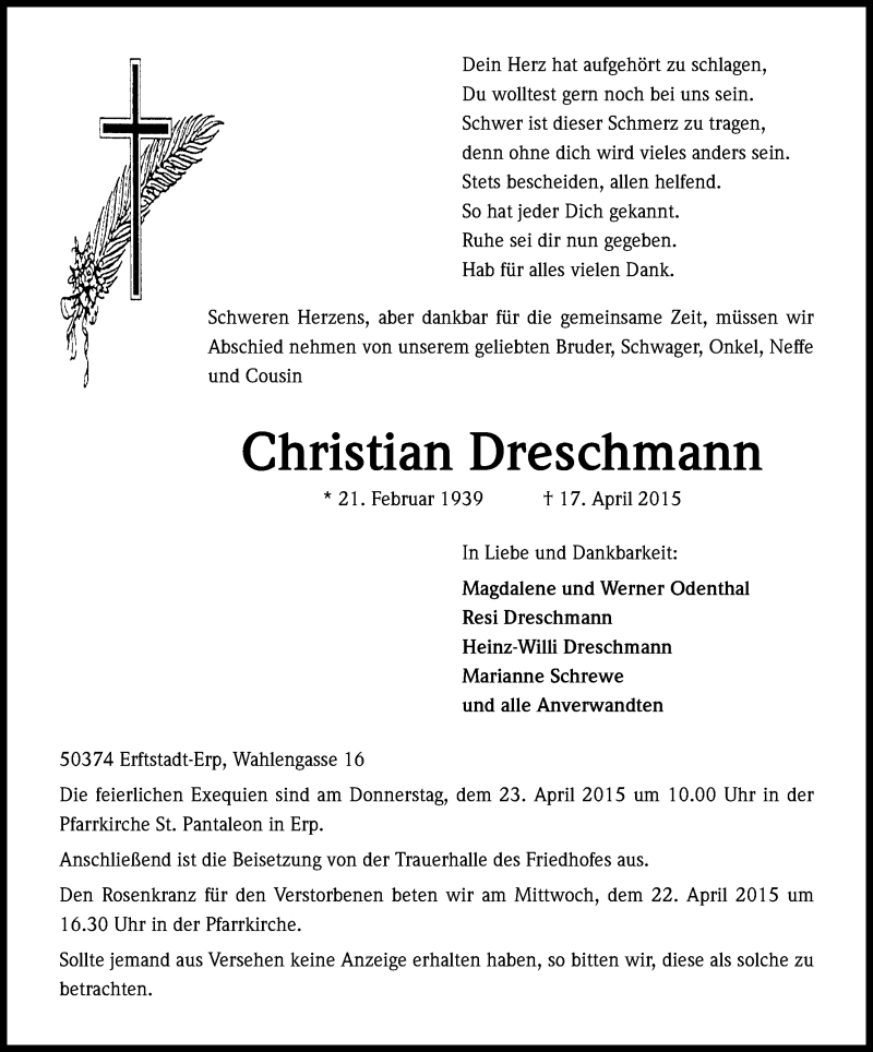  Traueranzeige für Christian Dreschmann vom 21.04.2015 aus Kölner Stadt-Anzeiger / Kölnische Rundschau / Express