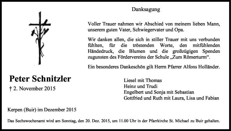  Traueranzeige für Peter Schnitzler vom 12.12.2015 aus Kölner Stadt-Anzeiger / Kölnische Rundschau / Express