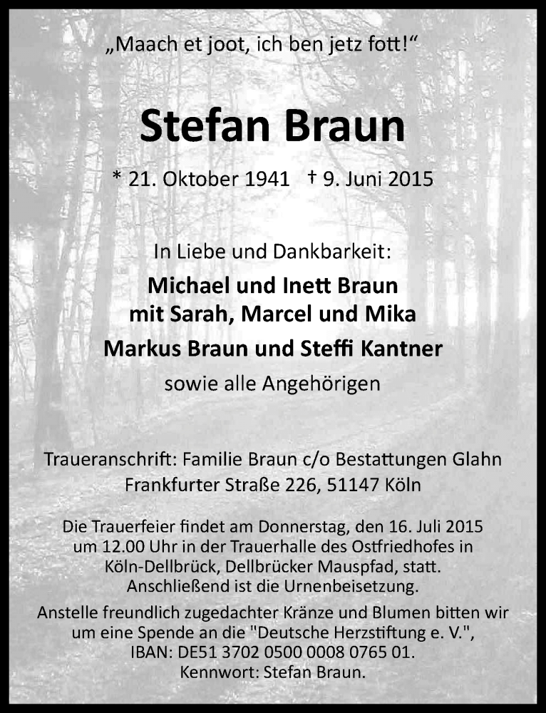  Traueranzeige für Stefan Braun vom 17.06.2015 aus  Kölner Wochenspiegel 