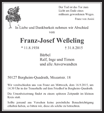 Anzeige von Franz-Josef Weßeling von  Werbepost 