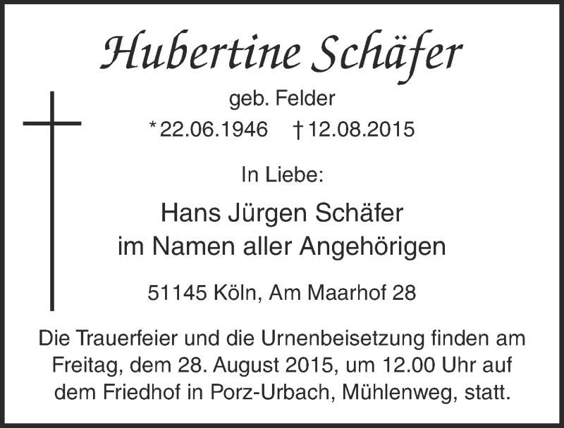 Traueranzeige für Hubertine Schäfer vom 19.08.2015 aus  Kölner Wochenspiegel 