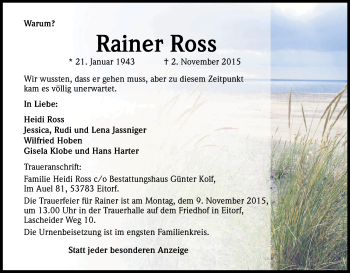 Anzeige von Rainer Ross von Kölner Stadt-Anzeiger / Kölnische Rundschau / Express