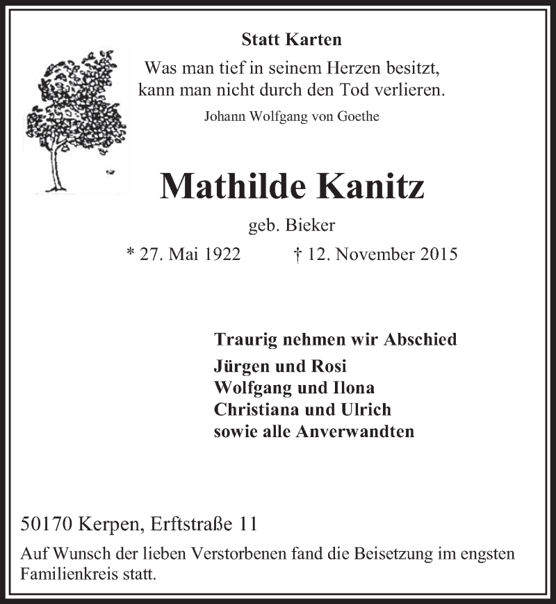  Traueranzeige für Mathilde Kanitz vom 21.11.2015 aus  Sonntags-Post 