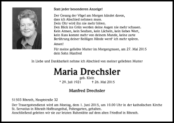 Anzeige von Maria Drechsler von Kölner Stadt-Anzeiger / Kölnische Rundschau / Express