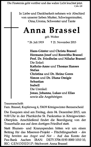 Anzeige von Anna Brassel von Kölner Stadt-Anzeiger / Kölnische Rundschau / Express