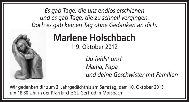  Traueranzeige für Marlene Holschbach vom 07.10.2015 aus  Lokalanzeiger 