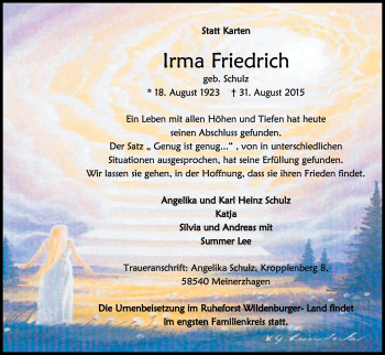 Anzeige von Irma Friedrich von Kölner Stadt-Anzeiger / Kölnische Rundschau / Express