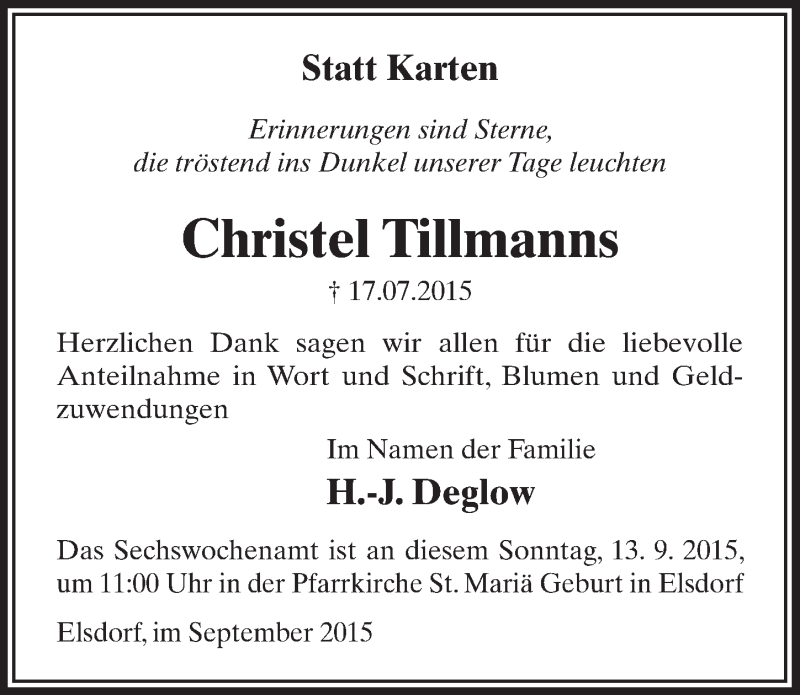  Traueranzeige für Christel Tillmanns vom 12.09.2015 aus  Sonntags-Post 
