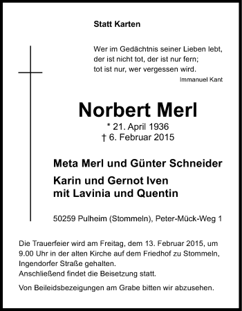 Anzeige von Norbert Merl von Kölner Stadt-Anzeiger / Kölnische Rundschau / Express