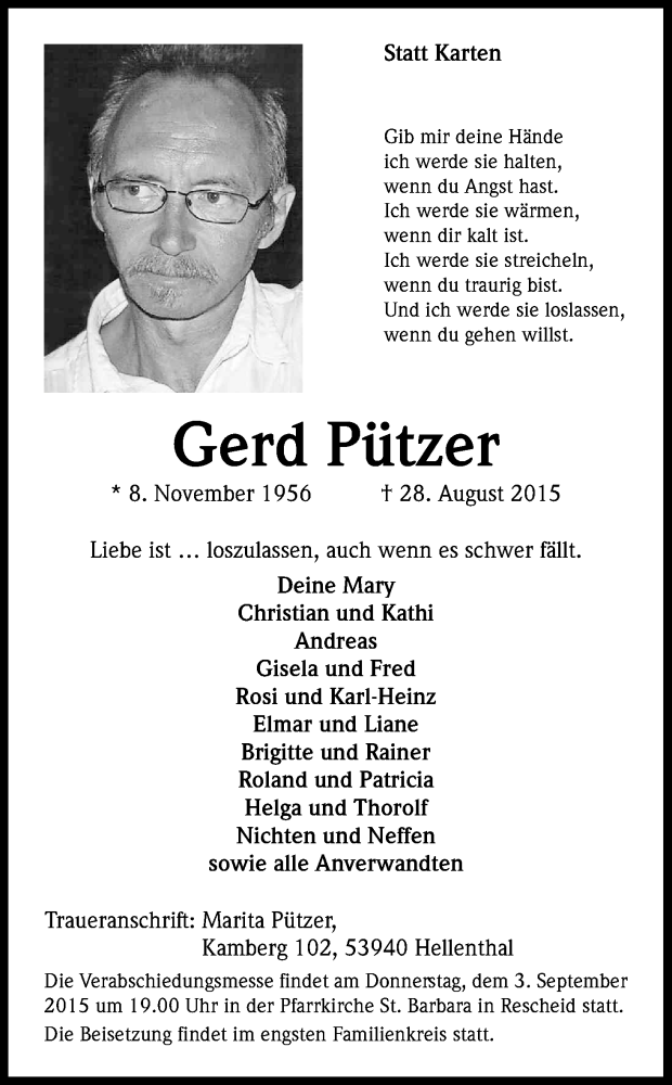  Traueranzeige für Gerd Pützer vom 01.09.2015 aus Kölner Stadt-Anzeiger / Kölnische Rundschau / Express