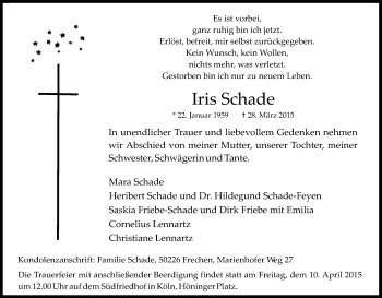 Anzeige von Iris Schade von Kölner Stadt-Anzeiger / Kölnische Rundschau / Express