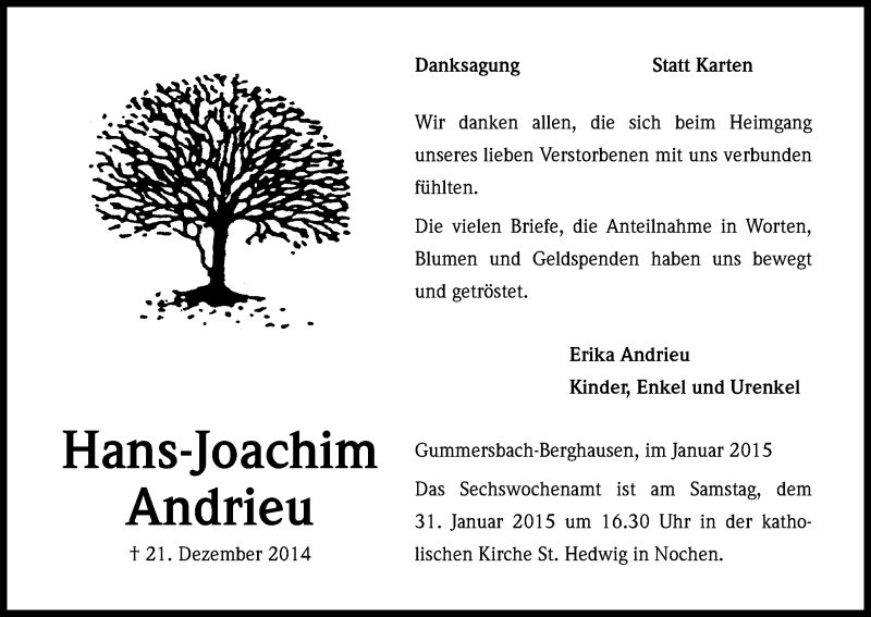  Traueranzeige für Hans-Joachim Andrieu vom 21.01.2015 aus Kölner Stadt-Anzeiger / Kölnische Rundschau / Express