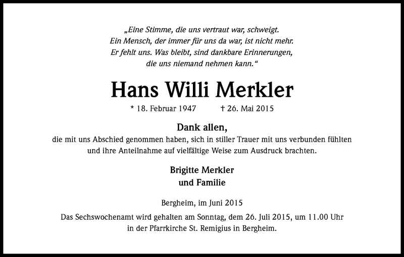  Traueranzeige für Hans Willi Merkler vom 20.06.2015 aus Kölner Stadt-Anzeiger / Kölnische Rundschau / Express