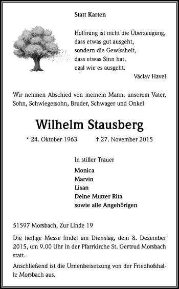Anzeige von Wilhelm Stausberg von Kölner Stadt-Anzeiger / Kölnische Rundschau / Express