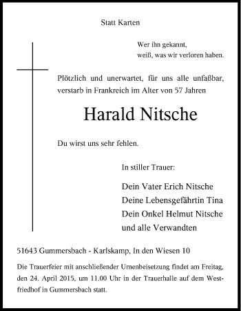 Anzeige von Harald Nitsche von Kölner Stadt-Anzeiger / Kölnische Rundschau / Express