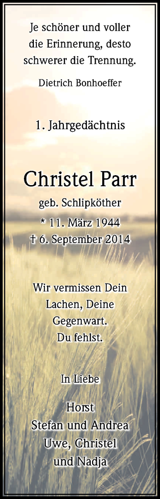  Traueranzeige für Christel Parr vom 05.09.2015 aus Kölner Stadt-Anzeiger / Kölnische Rundschau / Express