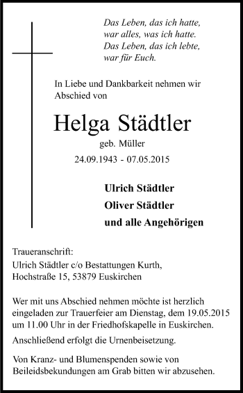 Anzeige von Helga Städtler von Kölner Stadt-Anzeiger / Kölnische Rundschau / Express