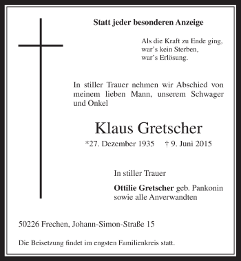 Anzeige von Klaus Gretscher von  Wochenende 