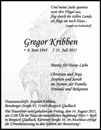 Anzeige von Gregor Kribben von Kölner Stadt-Anzeiger / Kölnische Rundschau / Express