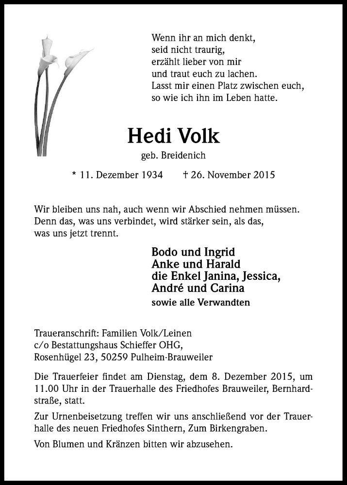  Traueranzeige für Hedi Volk vom 02.12.2015 aus Kölner Stadt-Anzeiger / Kölnische Rundschau / Express